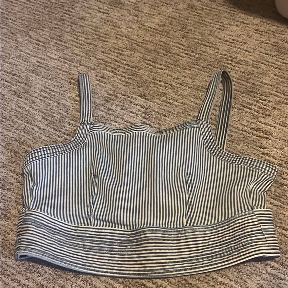 Navy blue and white striped pilcro top